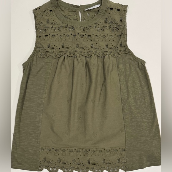 Lucky Brand Tops - Lucky Brand Olive Eyelet Lace Boho Top Sleeveless Cotton Blouse M